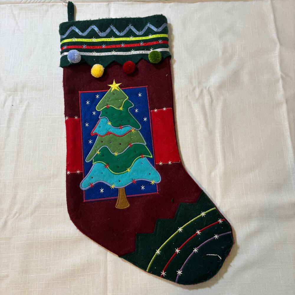 Christmas Stocking Felt Applique Tree Embroidered Pom Poms Burgundy Green 20"